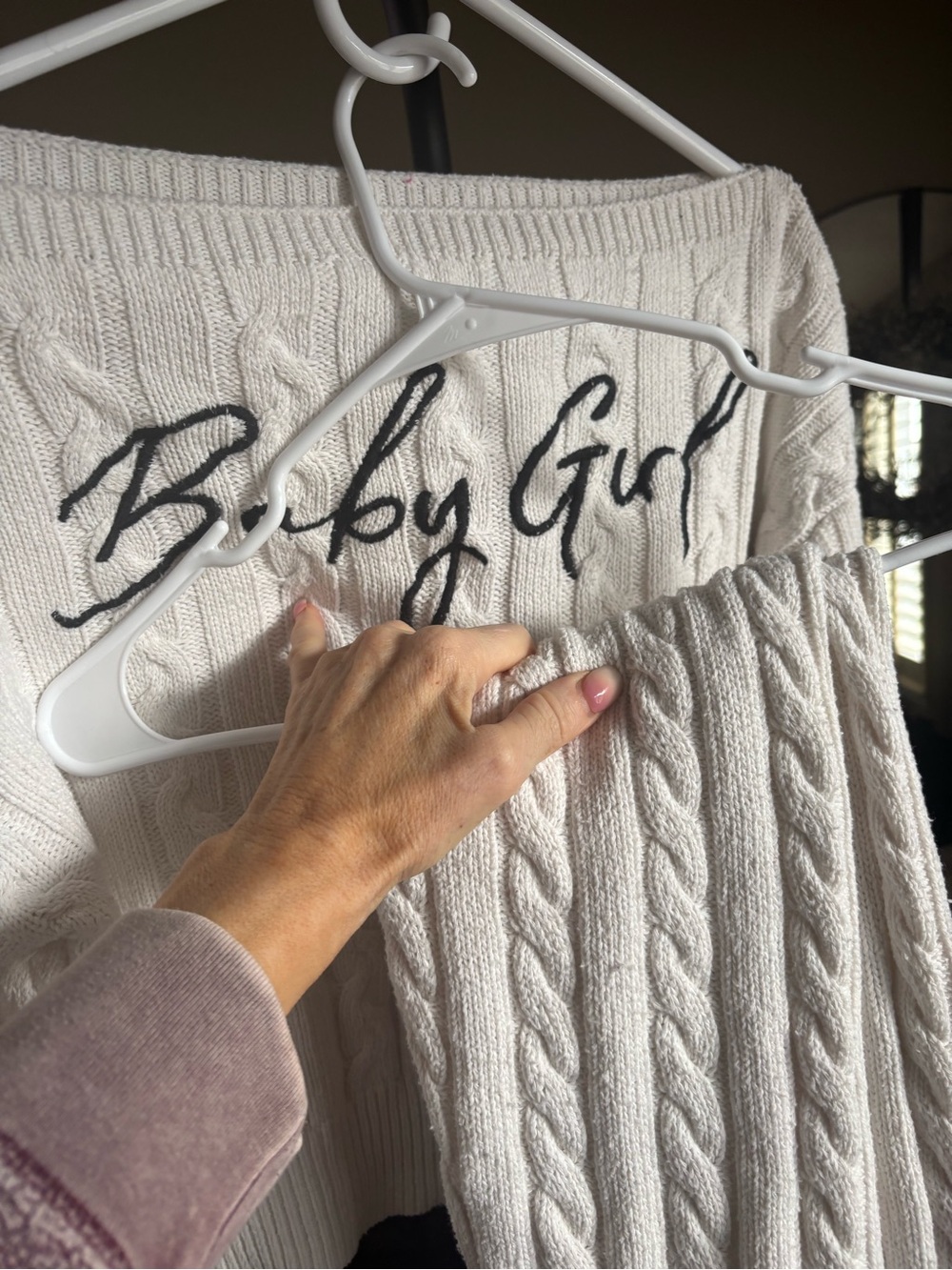 SHEIN Cream Cable Knit Crewneck Sweater with Script Detail
